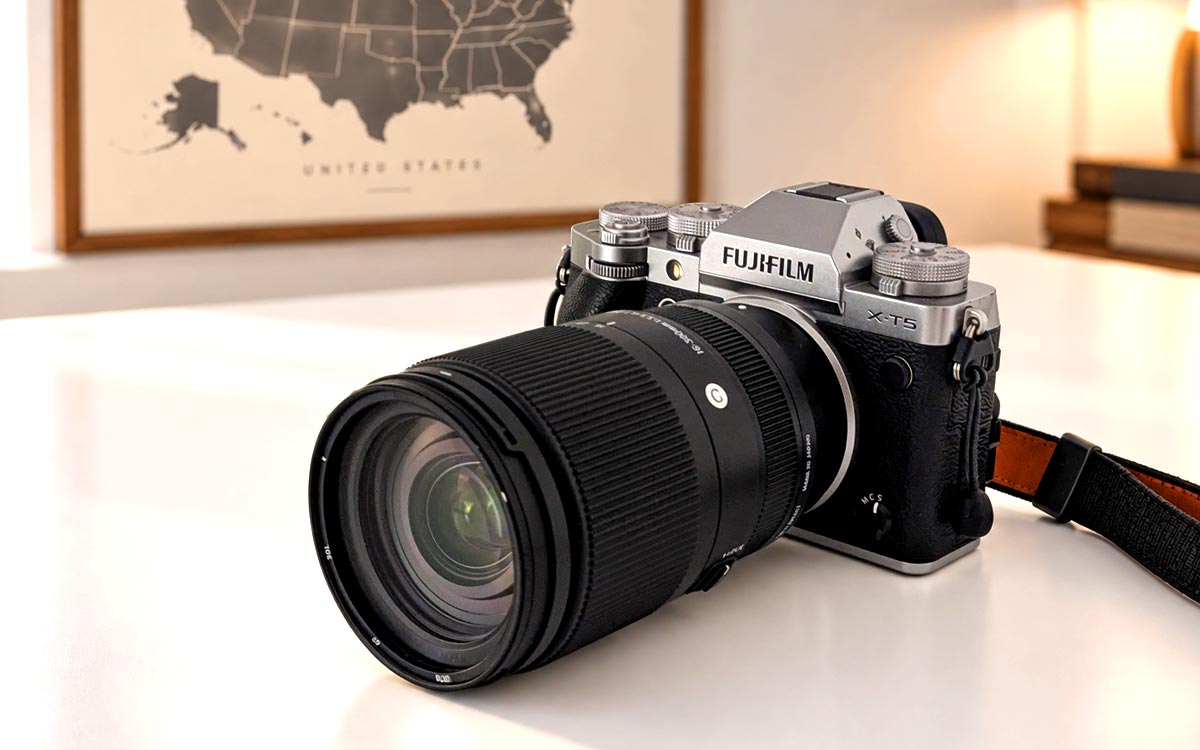 Mi Fujifilm X-T5 con un zoom Sigma 16–300 mm sobre una mesa blanca, con un mapa de Estados Unidos en la pared de atrás