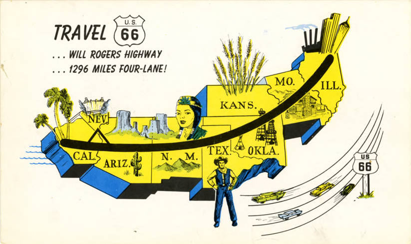 Une carte postale du milieu du siècle montrant les huit États de la Route 66 et annonçant Travel U.S. 66, la Will Rogers Highway, 1296 miles à quatre voies