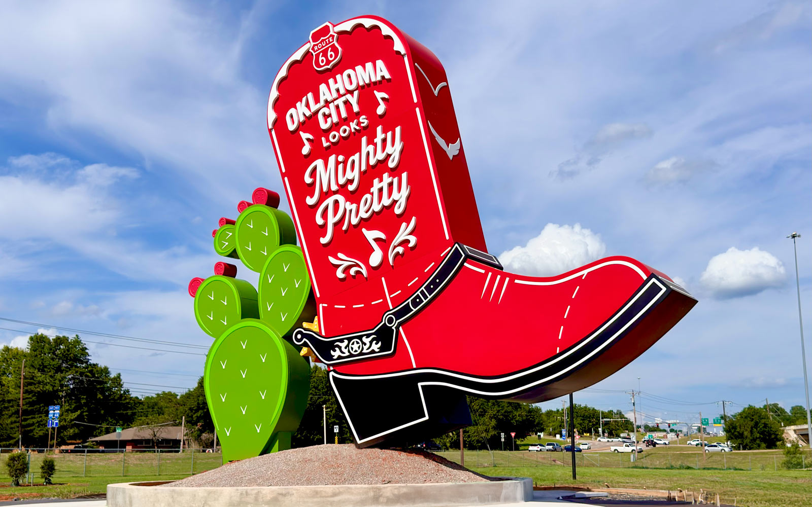 The giant Mighty Pretty cowboy boot sculpture on Route 66 in Oklahoma City