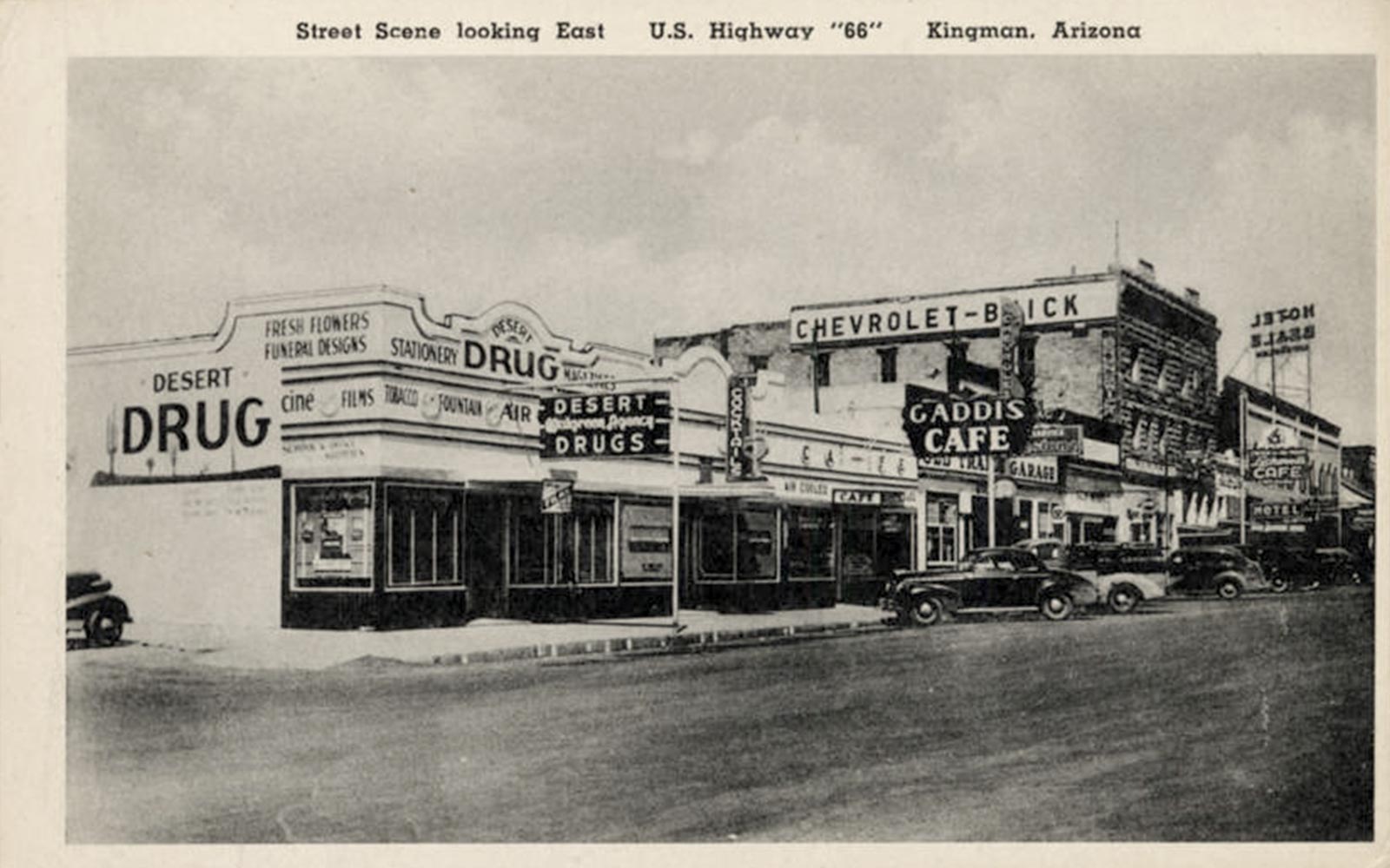 Historic view of Kingman, Arizona with the Desert Drug Store in the foreground
