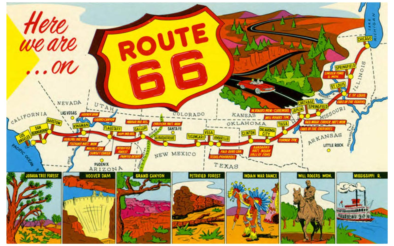 Vintage Route 66 postcard reading Here we are on Route 66