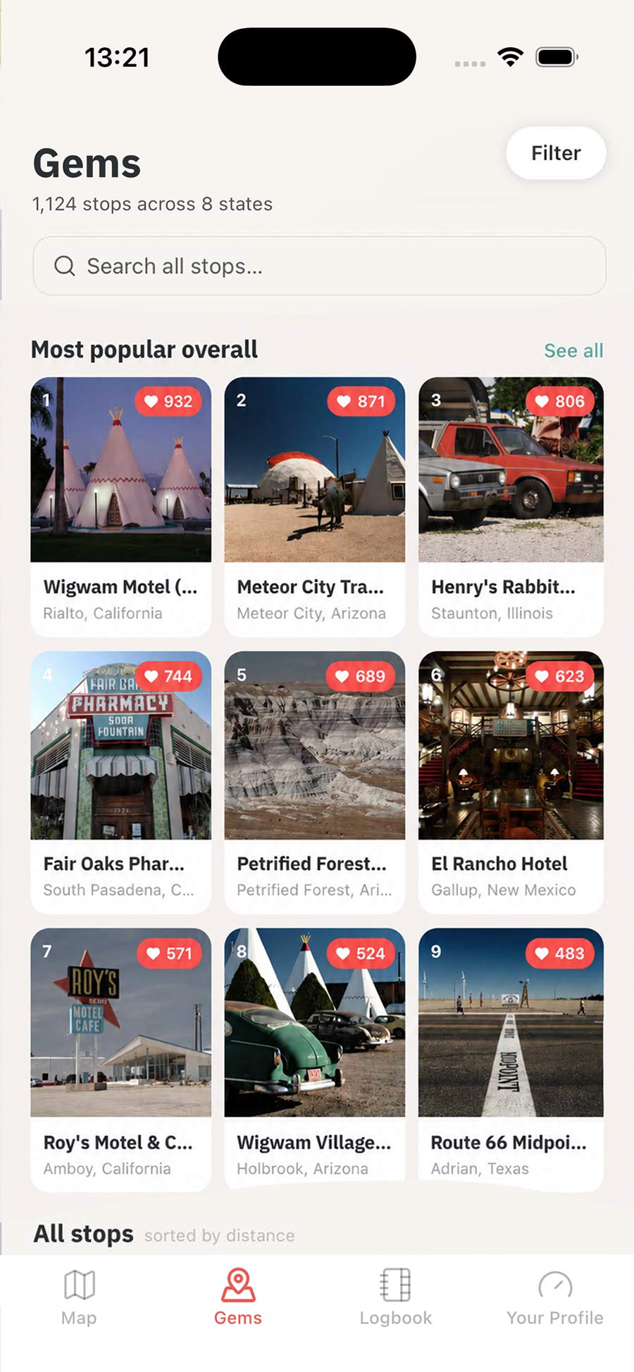 The Route 66 Logbook Gems tab