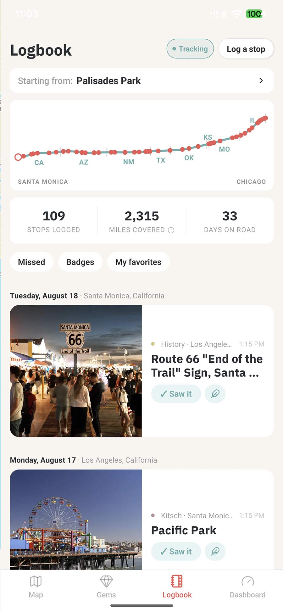 The Route 66 Logbook logbook screen