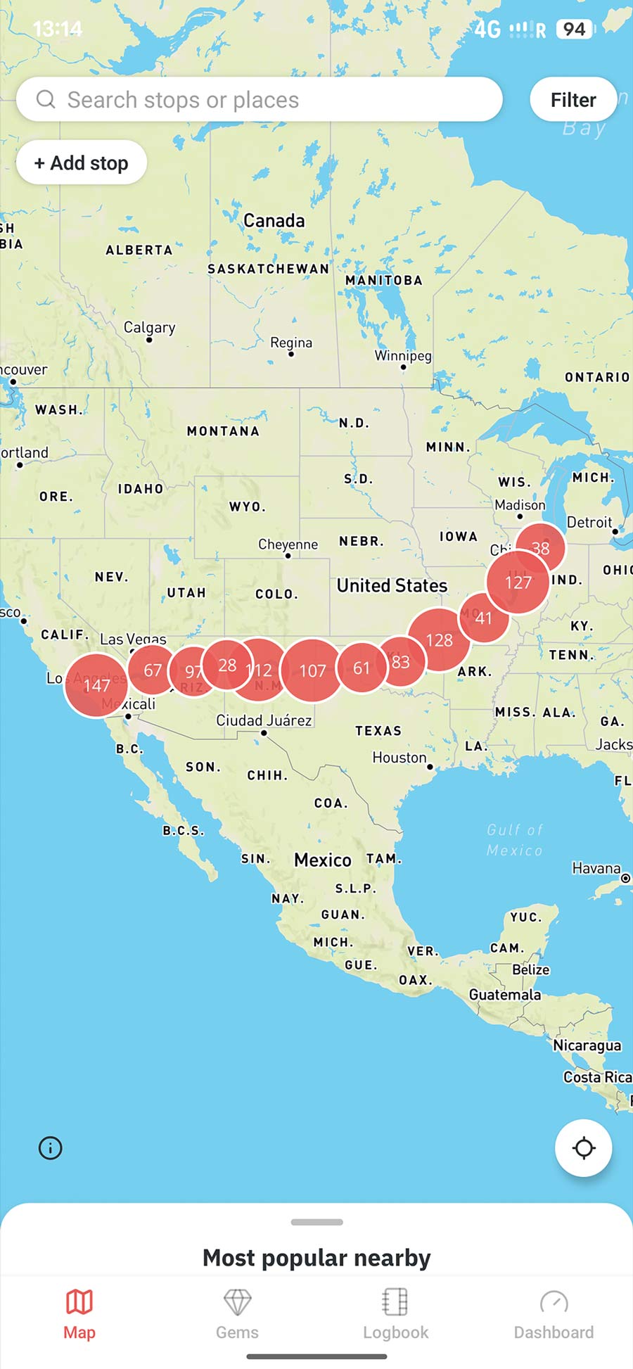 The Route 66 Logbook map screen